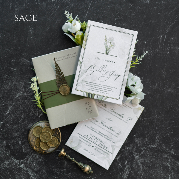 Sage wedding invitation suite featuring minimalist typography, soft earthy tones, layered inserts, and refined envelope presentation.